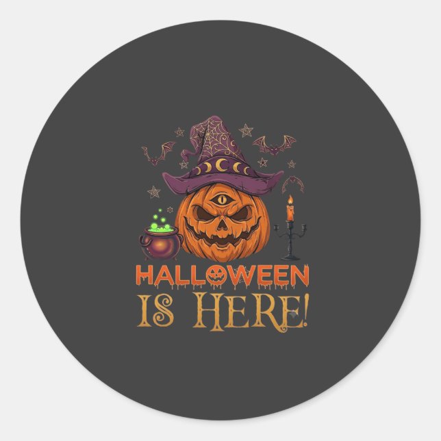 Halloween Is Here Pumpkin Witch Hat Magic Cauldron Classic Round Sticker (Front)