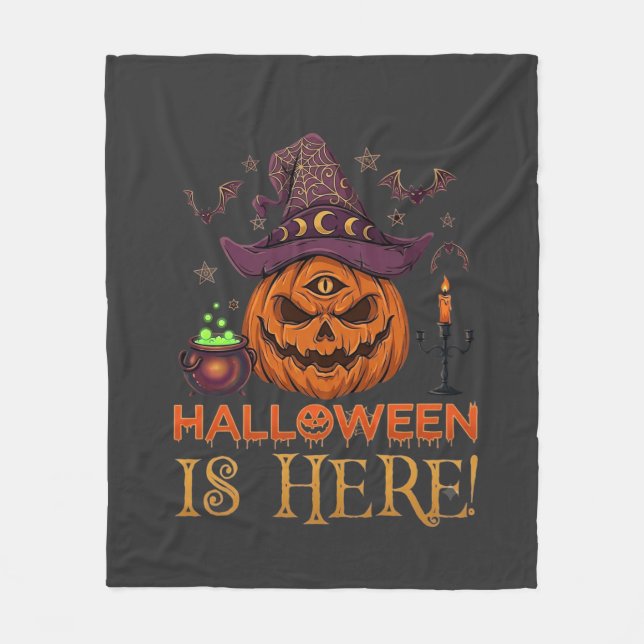 Halloween Is Here Pumpkin Witch Hat Magic Cauldron Fleece Blanket (Front)