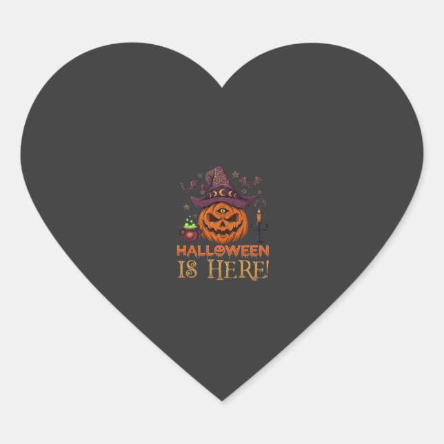 Halloween Is Here Pumpkin Witch Hat Magic Cauldron Heart Sticker (Front)