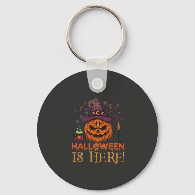 Halloween Is Here Pumpkin Witch Hat Magic Cauldron Key Ring (Front)