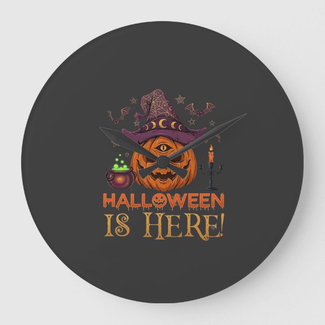 Halloween Is Here Pumpkin Witch Hat Magic Cauldron Large Clock (Front)