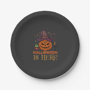 Halloween Is Here Pumpkin Witch Hat Magic Cauldron Paper Plate