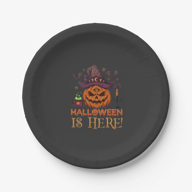 Halloween Is Here Pumpkin Witch Hat Magic Cauldron Paper Plate (Front)