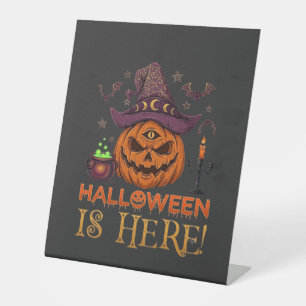 Halloween Is Here Pumpkin Witch Hat Magic Cauldron Pedestal Sign
