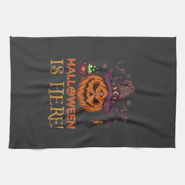 Halloween Is Here Pumpkin Witch Hat Magic Cauldron Tea Towel (Horizontal)