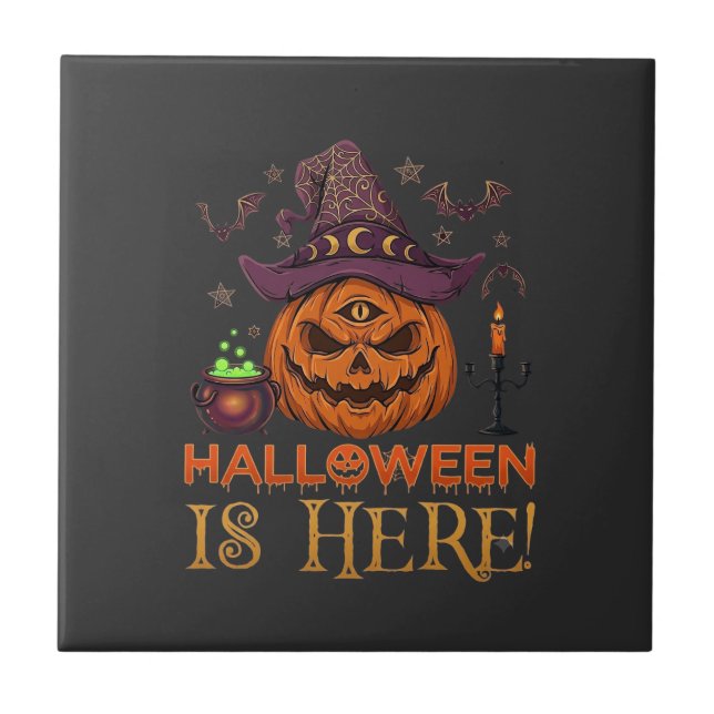 Halloween Is Here Pumpkin Witch Hat Magic Cauldron Tile (Front)