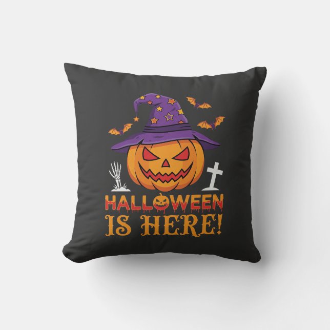 Halloween Is Here Witch Pumpkin Vector Cushion (Front)