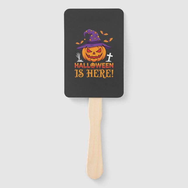 Halloween Is Here Witch Pumpkin Vector Hand Fan (Front)
