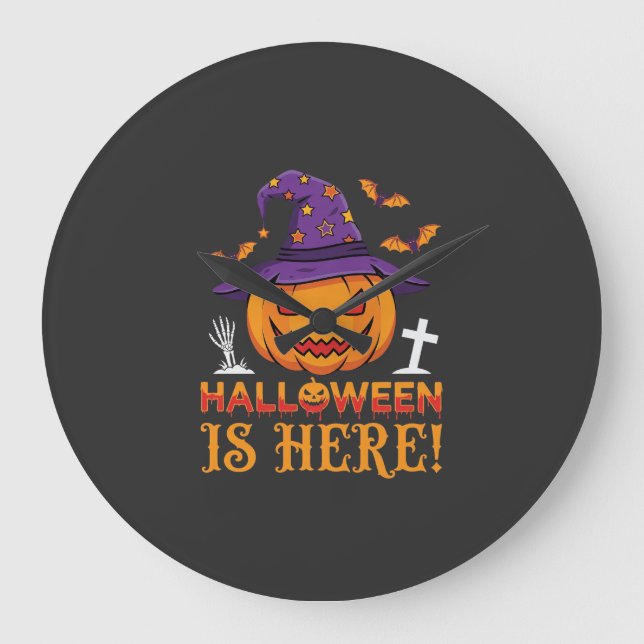 Halloween Is Here Witch Pumpkin Vector Large Clock (Front)