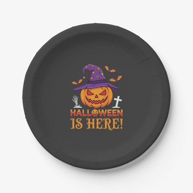 Halloween Is Here Witch Pumpkin Vector Paper Plate (Front)