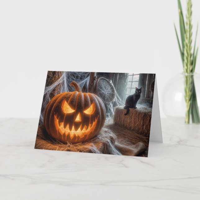 Halloween Jack-o-Lantern and Black Barn Cat Holiday Card (Front)