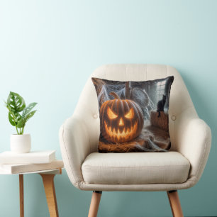 Halloween Jack-o-Lantern and Black Cat Cushion