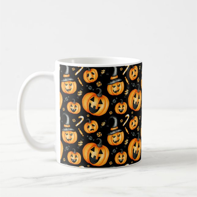 Halloween Jack-o-Lantern and Candy Pattern Coffee Mug (Left)