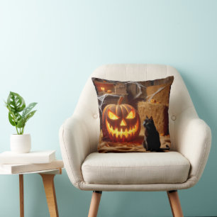 Halloween Jack-o-Lantern and Cat In Barn Cushion