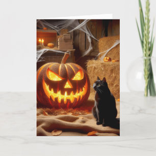 Halloween Jack-o-Lantern and Cat In Barn Holiday Card