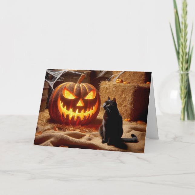 Halloween Jack-o-Lantern and Cat In Barn Holiday Card (Front)