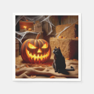 Halloween Jack-o-Lantern and Cat In Barn Napkin