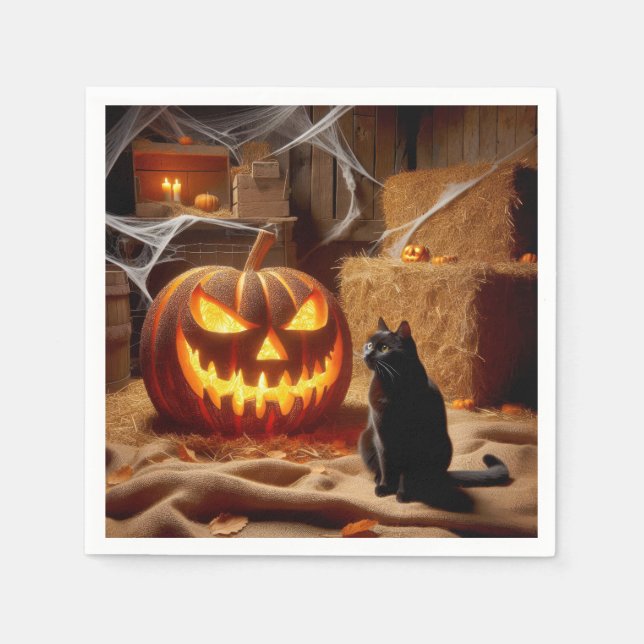 Halloween Jack-o-Lantern and Cat In Barn Napkin (Front)