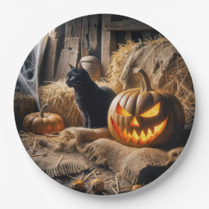 Halloween Jack-o-Lantern and Cat In Barn Paper Plate