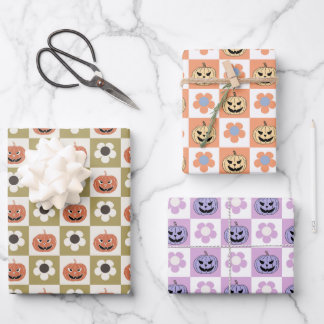 Halloween Jack-o-lantern and daisy chequerboard Wrapping Paper Sheet
