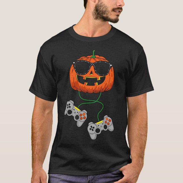 Halloween Jack O Lantern Gamer Boys Kids Men Fun H T-Shirt (Front)
