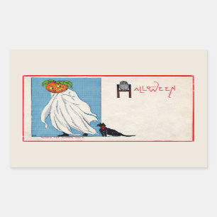 Halloween Jack O Lantern Ghost Black Cat Vintage Rectangular Sticker