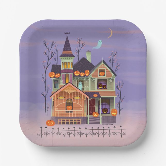 Halloween Jack-o'-lantern House Paper Plate (Front)