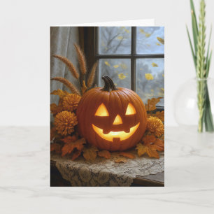 Halloween Jack-o-Lantern In Autumn Flowers Card