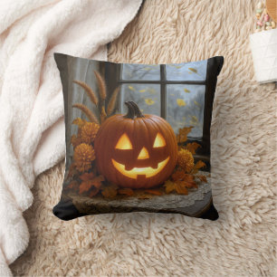 Halloween Jack-o-Lantern In Autumn Flowers Cushion