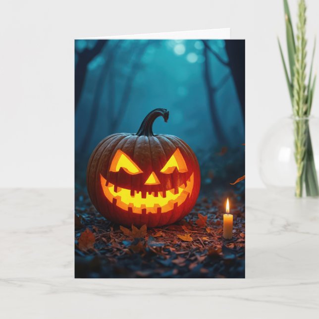 Halloween Jack-o-lantern In Spooky Woods Holiday Card (Front)