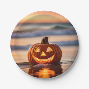 Halloween Jack-o-Lantern On The Beach Paper Plate