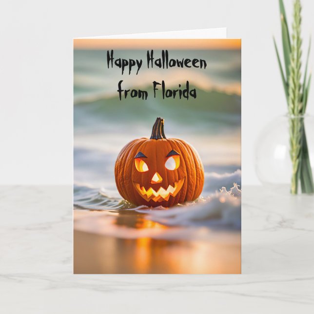 Halloween Jack-o-Lantern On The Seashore Holiday Card (Front)
