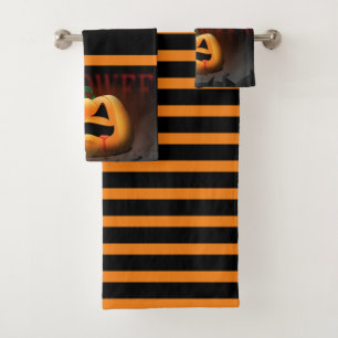 Halloween Jack O' Lantern Orange and Black Bath Towel Set
