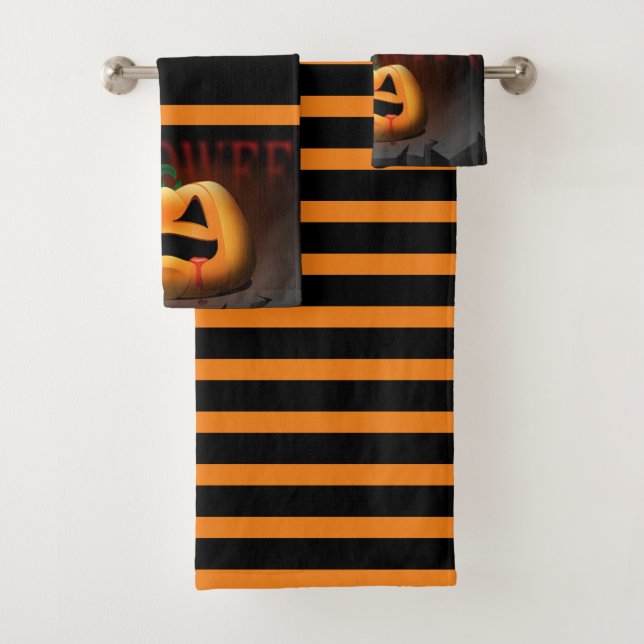 Halloween Jack O' Lantern Orange and Black Bath Towel Set (Insitu)