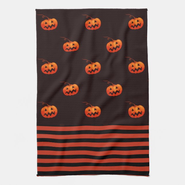 Halloween Jack O' Lantern Orange Black Kitchen Tea Towel (Vertical)