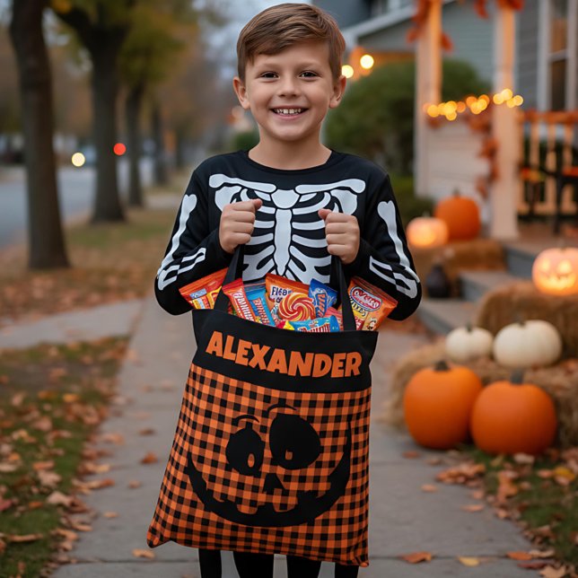 Halloween Jack-O-Lantern Orange & Black Plaid Name Tote Bag (Creator Uploaded)