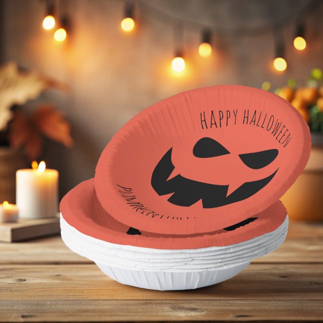 Halloween Jack O Lantern Orange Paper Bowls Plate (Happy Halloween! Add your party details to these spooky pumpkin paper bowls!)