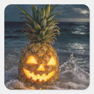 Halloween Jack-o-Lantern Pineapple in Ocean Surf Square Sticker