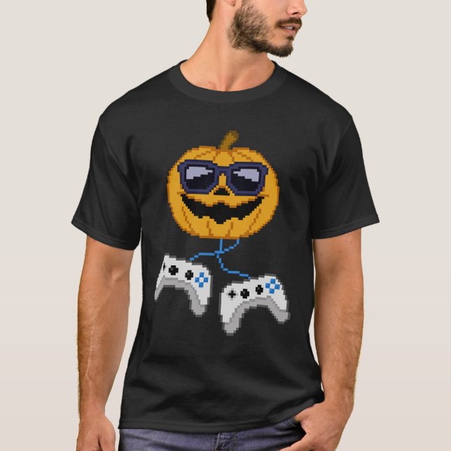 Halloween Jack O Lantern Pixelated Gaming Gamer Bo T-Shirt (Front)