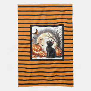 Halloween Jack O Lantern Pumpkin and Cat  Tea Towel