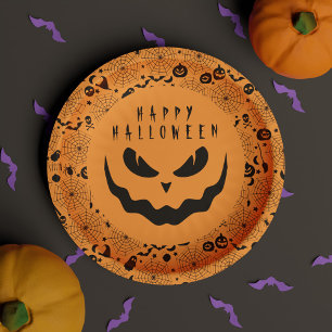 Halloween Jack O Lantern Pumpkin Creepy Face Paper Plate
