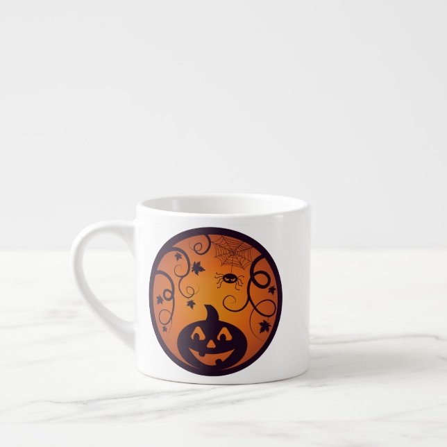 Halloween Jack o lantern pumpkin face and spider Espresso Cup (Left)