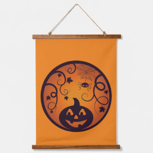 Halloween Jack o lantern pumpkin face and spider Hanging Tapestry