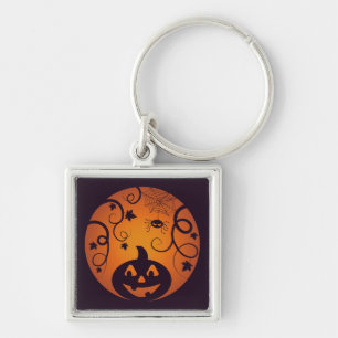 Halloween Jack o lantern pumpkin face and spider Key Ring