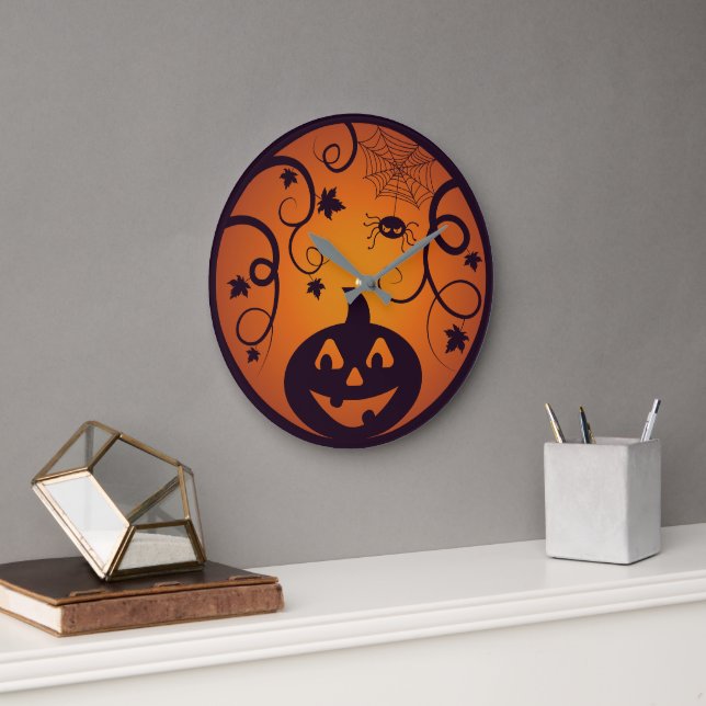Halloween Jack o lantern pumpkin face and spider Large Clock (Office)