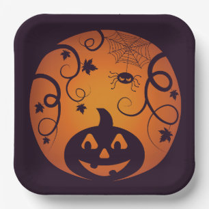 Halloween Jack o lantern pumpkin face and spider Paper Plate