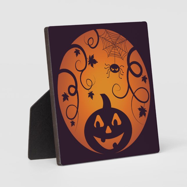 Halloween Jack o lantern pumpkin face and spider Plaque (Front)