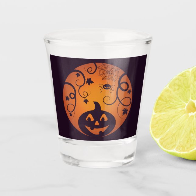 Halloween Jack o lantern pumpkin face and spider Shot Glass (Front)