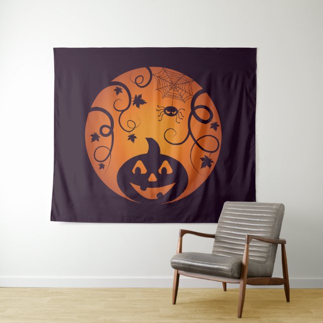 Halloween Jack o lantern pumpkin face and spider Tapestry (In Situ (Horizontal))