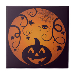 Halloween Jack o lantern pumpkin face and spider Tile